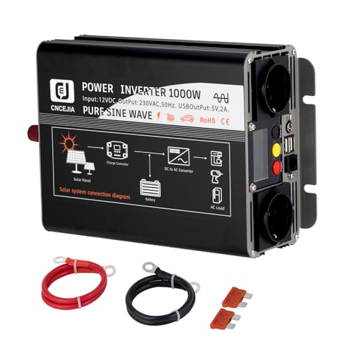 CNCEJIA Inversor de corriente de 1000 W, 12 V a 230 V, con 2 puertos USB, 2 enchufes LCD, para coche, autocaravana, camping, color negro