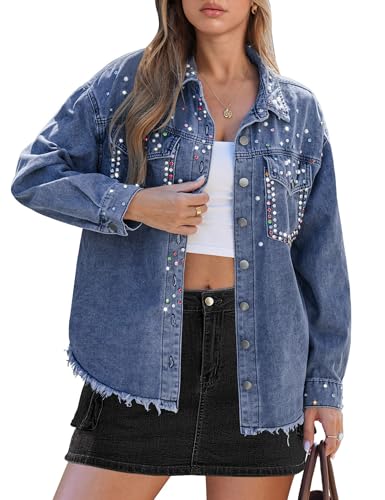 luvamia Jean Jacket With Pockets Women Jacket Thousand Oceans Blue Denim Shacket Cowgirl Outfits for Women Thousand Oceans Blue Size X-Large Size 16 18