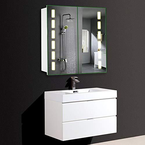 Warmiehomy Modern LED Illuminated Bathroom Mirror Cabinet Wall Mounted Bathroom Mirror with Lights Shaver Socket Bluetooth Demister Touch Sensor (650x600x136mm)