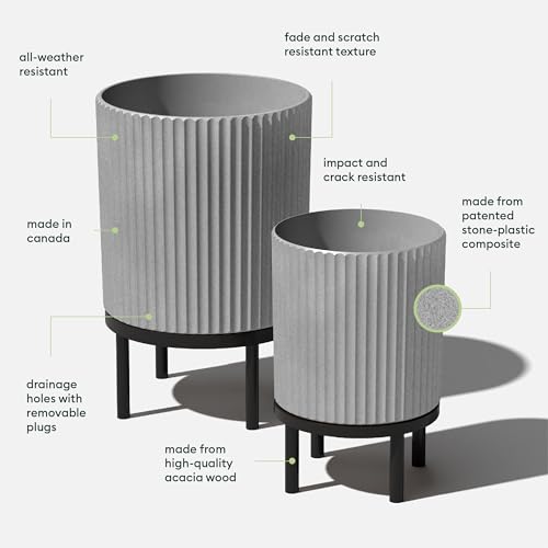 Image of Veradek Demi Series Raised Duo Planters - Set of 2 Planters with Stands | Made From a Durable Plastic-Stone Composite & Comes With Wooden Stand. Modern Porch /Patio Decor