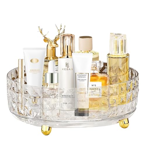 SKwoker 360 Rotating Makeup Organizer for Vanity, Diamond Pattern Skincare Organizer Perfume Lazy Susan Organizer Bathroom Makeup Countertop Spinning Holder, Cosmetic Storage Display Cases (Clear)