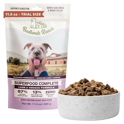 Image of BADLANDS RANCH Air-Dried Lamb & Venison Dog Food, 87% Meat, 11.5 oz | Includes organs & salmon; kibble topper or alternative; adult & senior dogs; no corn, wheat, soy or fillers