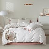 mixinni Boho Bettwäsche Set, Queen Size Größe, weich, flauschig, grüne Blätter, staubiges Rosenmuster auf weißem Tröster Set, 3 teiliges süßes Blumen Bettwäsche Set mit 2 Kissenbezügen mit Fliege, für