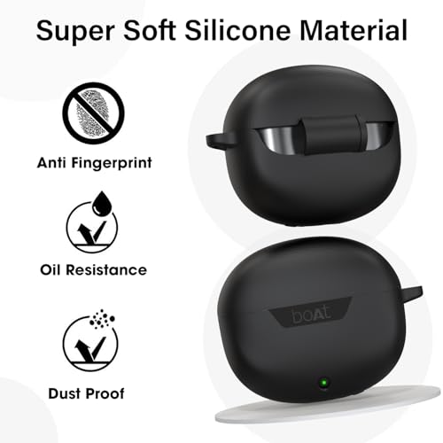 Image of Sounce Earphone Case Cover for Boat Airdopes 300 Premium TWS Soft Silicone Skin Case Cover Shock Absorbing Protective Case with Keychain [Front LED Visible] - Black