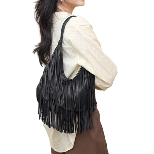 Image of IAMUHI Casual Rivets Fringed Shoulder Handbag for Women,Soft Vegan Leather Hippie Crossbody Purse Bag Hobo Bag