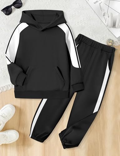 Boys Clothes Hoodie Kids Boys' Clothing Sets Stripe Color Block Sweatsuit 2pcs Long Sleeve Outfits with Pocket 6-12y