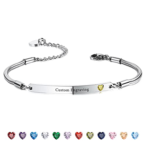 INBLUE Personalized Heart Charm Adjustable Snake Chain Bracelet for Women Girls Girlfriend Teens Birthstone Stainless Steel Cute Jewelry Gift