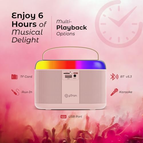 pTron Newly Launched Fusion Joy 20W Bluetooth Speaker with Wireless Karaoke Mic, 6Hrs Playtime, Vivid RGB Lights, Voice Effects, Multi-Play Modes BT5.3/TF Card/USB & Type-C Charging Port (Light Pink) 5
