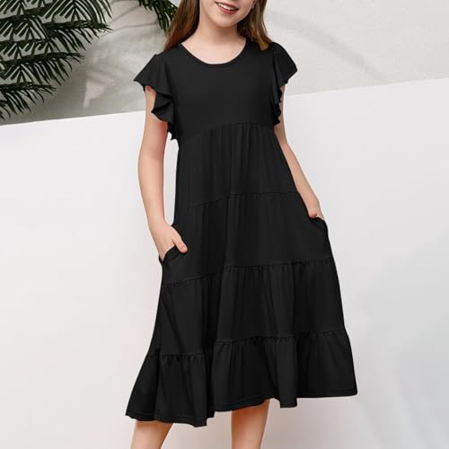Girls Summer Dresses Flowy A-Line Tiered Ruffle Boho Casual Midi Dress with Flutter Sleeves for Kids2