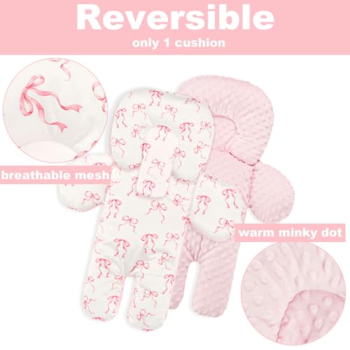 Image of Infant Car Seat Insert for Newborn Girls, Extra Thick & Soft Minky Preemie Car Seat Head Body Support Cushion with Strap Pads, Perfect for Stroller, Baby Swing, Bouncer, 2-in-1 Reversible, Pink Bow