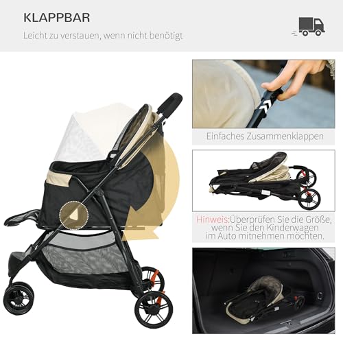 PawHut Hundewagen 2 in 1 Hundebuggy klappbar für Hunde & Katzen bis 10 kg Katzenbuggy mit Kissen Netzfenstern Türen Aufbewahrungskorb Katzenwagen Buggy Khaki