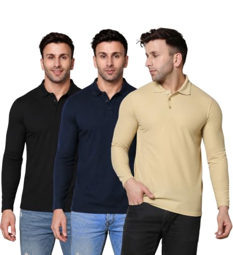 Image of INKKR Men's Soild Full Sleeve Polo Neck T-Shirt Combo