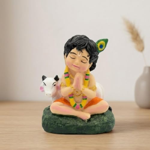 Image of Bal Gopal Krishna Statue with Holy Cow - Small Resin Krishna Idol for Puja Room, Living Room Decoration Items, Janmashtami Gift & Home Inauguration Return Gifts