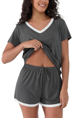 Image of Joyaria Cooling Pajamas Bamboo Viscose Women Short Sleeve V Neck PJ Shorts Set