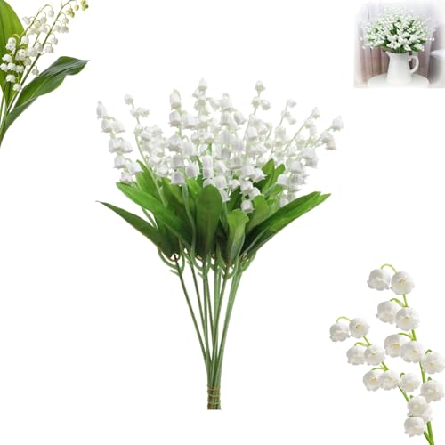 Xiyocadt Künstliche Maiglöckchen Sträuße Künstliche Weiße Glockenblumen Künstliche Blume Outdoor-Brautstrauß für Zuhause Garten Party Hochzeit Dekoration (10PCS)