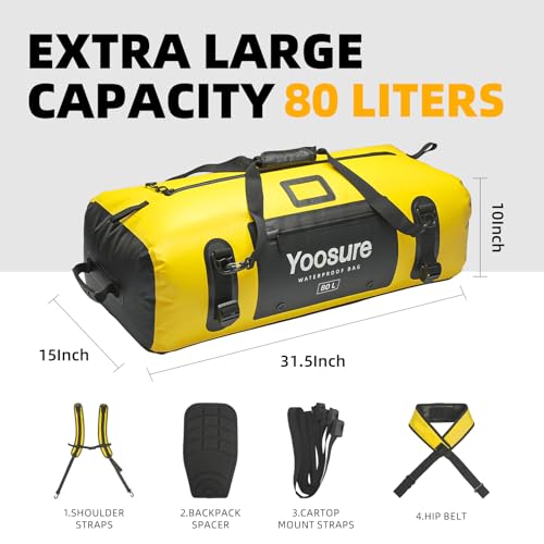 Image of 80L Waterproof Duffel Bag Motorcycle Dry Bag Backpack, Waterproof Zippered Bags with Backpack Spacer Pad for Kayaking Rafting Boating Canoeing Camping Paddle Beach (Yellow)