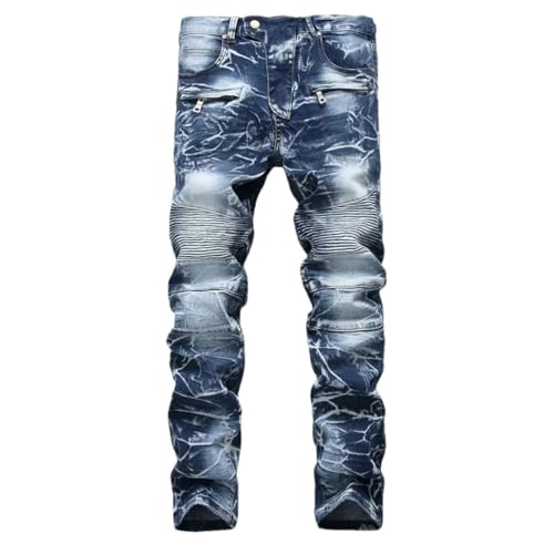 Men's Motorcycle Stretch Slim Straight Denim Trousers Zipper Pocket Retro Nostalgic Jeans