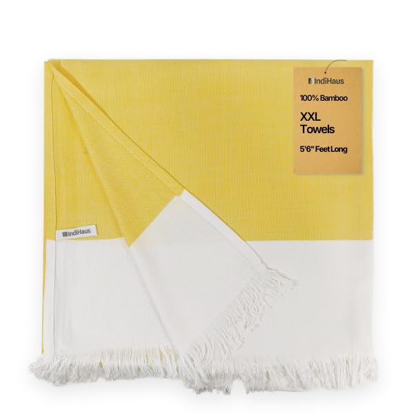 Image of IndiHaus 100% Pure Bamboo XXL Bath Towel - 3X More Absorbant | Extra Large Size | Ultra Soft & Quick Dry | Anti-Bacterial & Skin Friendly | Towel for Bath, Gym & Beach, 160 x 80 cm, (Sunshine Yellow)