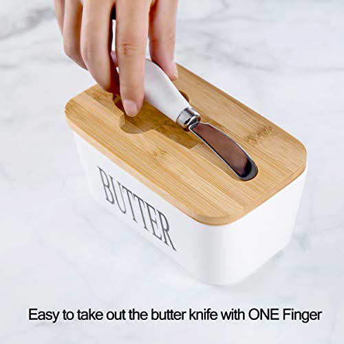 Hasense Porcelain Butter Dish With Bamboo Lid - Covered Butter Dish With Butter Knife For Countertop, Airtight Butter Container With Cover Perfect For East West Coast Butter, White #TOP6