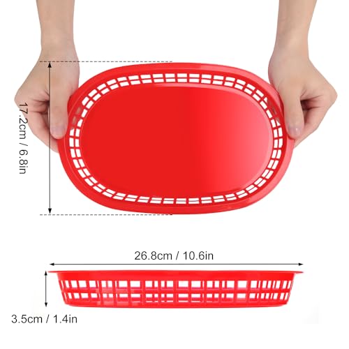KUKLIPJIM 50 Pack Fast Food Baskets, 10.6 x 6.7 Inch Red Plastic food Baskets, Food Service Tray for Fries, Sandwiches, Barbecues, Picnics, Parties, Durable and Safe(50 Sheets Deli Liners paper) - Thumbnail 2
