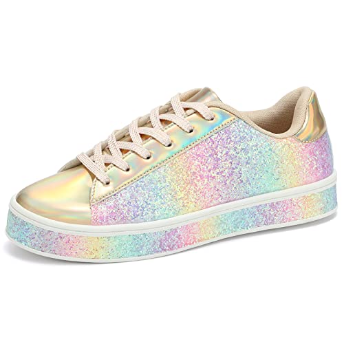 Image of UUBARIS Women's Glitter Tennis Sneakers Neon Dressy Sparkly Sneakers Rhinestone Bling Wedding Bridal Shoes Shiny Sequin Shoes