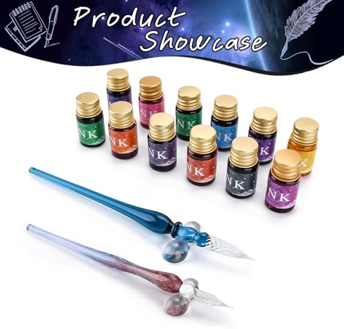 JOTOL Glasfeder,Glas Dip Pen und Tinte,Kalligraphie Dip Pens,Kalligraphie Stifte Set mit 12 bunten Tinten für Kunst,Schreiben,Zeichnung,Unterschriften,Dekoration,Geschenk für Anfänger und Künstler