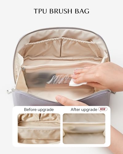 Image of EACHY Travel Makeup Bag, Lychee Large Capacity Cosmetic Bag for Women, Open Flat Toiletry Bag with TPU Brush Compartment, Waterproof Skincare Organizer Travel Essentials (AH-Misty Purple, Medium)