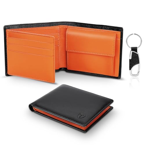 TEEHON Cartera para Hombre con Bloqueo RFID | 10 Ranuras, 2 Compartimentos para Billetes, Monedero con Botón, Llavero, Caja de Regalo, Naranja y Negro
