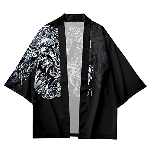 Image of DOSLAVIDA Men's Japanese Kimono Jacket Set Stylish Open Front Coat With Shorts Chinese Style Printed Cardigan Suit
