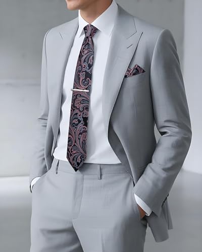 Image of DiBanGu Silk Floral Ties for Men Woven Paisley Necktie and Tie Clip Handkerchief Cufflinks Set for Party Wedding