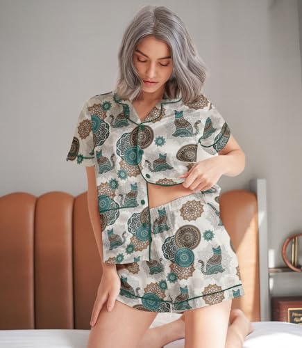 Image of HUNTFAMI Womens Soft Silky Satin Pajamas Set, 2 Pcs Sleep Short Pajamas for Mom and Grandma Button Down Summer Loungewear