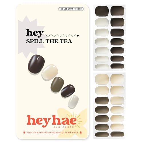 Heyhae Semi Cured Gel Nail Strips | No LED Lamp Needed | Solid, Neutral | Easy Apply & Remove, Salon Quality | Includes 28 Strips, 1 Prep Pads, Nail File & Wooden stick - Hey, Spill the Tea