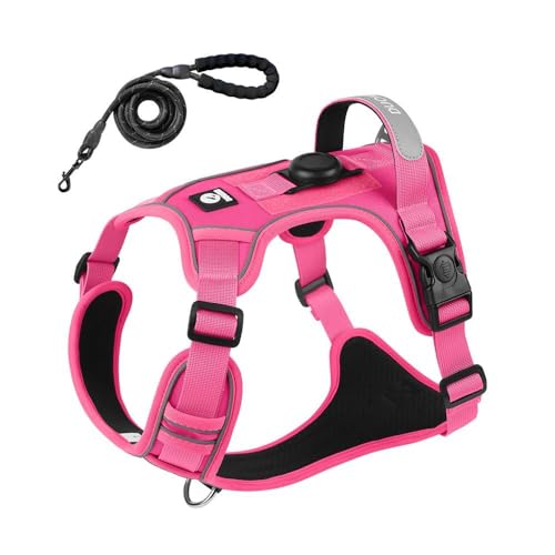DancJulie 犬用牽引ロープ 防爆ハンドル 胸部バック 大型犬用 犬用ロープ 反射ペット胸部ハーネス (ローズピンク + 2m ブラック反射丸紐,S - 推奨体重:8〜15斤)