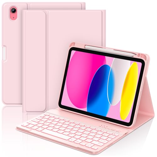 Image of COO 7 Color Backlit Keyboard Case for iPad 11th A16 /10th Gen | 7-Color Backlit Detachable Bluetooth Keyboard, Pencil Holder, Auto Wake /Sleep, 3 Angles, PU TPU Cover, Pink