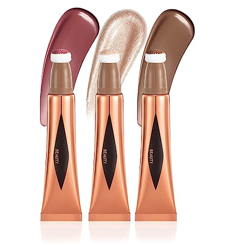 U-Shinein Contour Beauty Wand, Face Concealer Blusher Highlighter Stick with Soft Cushion Applicator, Smooth Natural Matte Finish Contour Blush Pen, Waterproof Long-lasting Body Face Makeup (3Pcs)