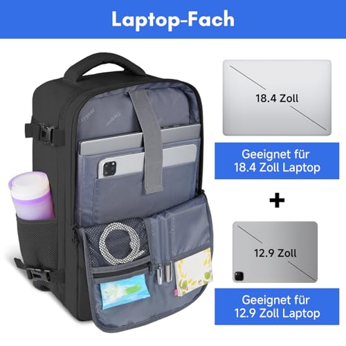 Taygeer Handgepäck Rucksack 55x40x20, Reiserucksack Handgepäck Flugzeug Herren, 44L Groß Laptop Rucksack 18.4 Zoll, Travel Backpack Wasserabweisend Damen für Lufthansa Ryanair, Schwarz