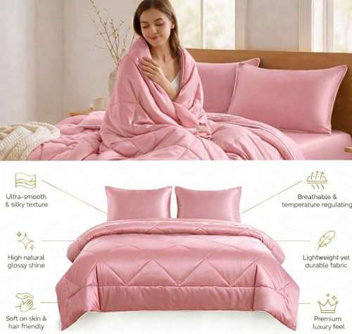 Image of SANMARINO Satin Silk Comforter Set for Double Bed - 300 TC Premium Satin Bedsheet with Pillow Covers, Luxury Complete Bedding Set, Soft Silky Finish, Bedroom Home Furnishing Gift Set - Rose Petal Pink