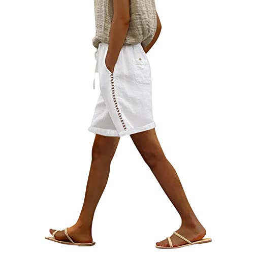 Biker Shorts Women,Cotton Linen Bermuda Shorts For Women Elastic High Waist Solid Color Cargo Shorts Comfy Summer Sweat Shorts With Pockets High Waisted Shorts Women White L #TOP2