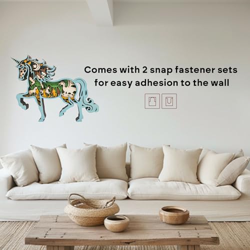 Image of 3D Wooden Unicorn Decor - Multi-Layer Carved Enchanted Forest & Castle Animal Figurine, Fantasy Room Decor & Nursery Wall Art, Unique Mythical Creature Gifts for Girls, Kids and Women