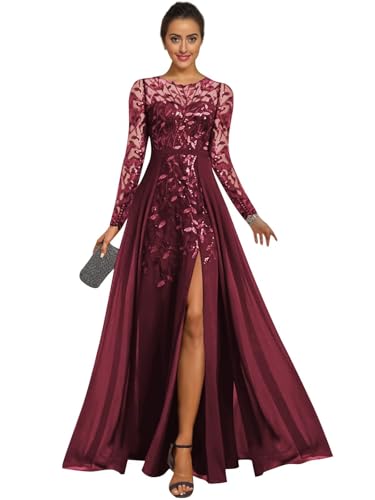 Sparkly Sequin Mother of The Bride Dresses for Wedding Long Chiffon Formal Evening Gown with Sleeves