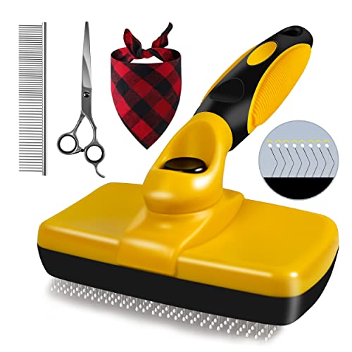 Linifar Self-Cleaning Slicker Brush (Pain-Free Bristles) | Dog&Cat Brush for Shedding and Grooming | Gently Remove Short and Long Loose Undercoat, Fur, Mats, Tangled Hair and Knots | Slicker Brush + Free Gifts