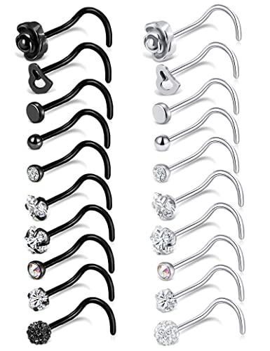 Tornito 20G 20Pcs Stainless Steel Nose Bone L Shaped Screw Studs Rings Cz Nose Ring Labret Nose Piercing Jewelry For Men Women (A1:20Pcs) (C:20Pcs Screw Shaped(Silver+Black)) #TOP29