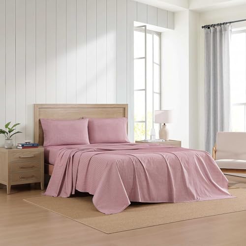 Image of Tommy Hilfiger - Sheet Set, Cotton Percale Bedding with Matching Pillowcases, Crisp & Cool, Premium Quality Home Essentials (Highland Ticking Stripe Red, Full)