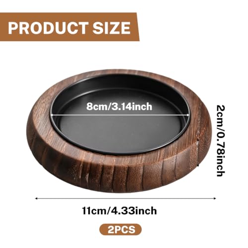 2 Stück Kerzenteller, Holz Kerzenständer mit Metalltablett Rund Kerzenuntersetzer Braun Dekorativer Kerzenhalter für Hochzeit Zuhause Tauf Stumpenkerzen bis 8cm – Bild 2