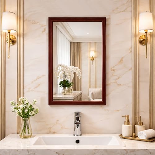 Image of Rousrie Premium Framed Glass Wall Mount Mirror, Decorative, for Bathroom, Bedroom, Living Room and Entryway, Wash Basin (14 by 20 Inch) (Dark Brown)