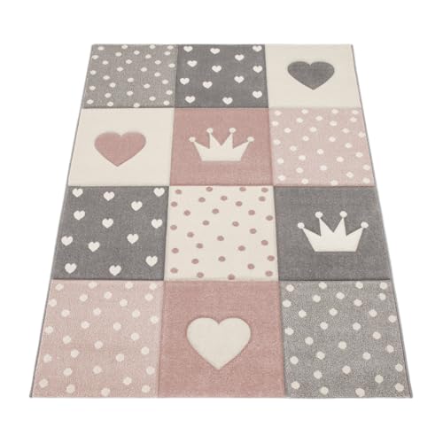 Paco Home Teppich Kinderzimmer Junge Mädchen Kinderteppich Spielteppich Kurzflor 3D Optik Pastell Punkte Herzen Krone, Grösse:160x230 cm - 5