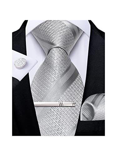 Image of DiBanGu Mens Striped Tie Silk Woven Necktie and Pocket Square Cufflinks Tie Clip Set Wedding Business Formal Gift Tie for Men