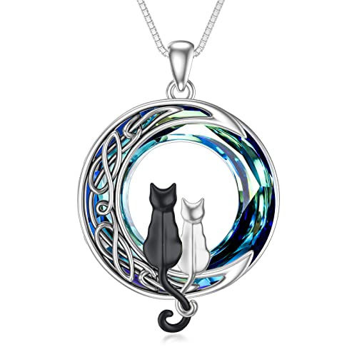 TOUPOP Cat Gifts for Cat Lovers One Two Three Four Cats Necklace Sterling Silver Cat on the Moon Pendant Necklace with Blue Circle Crystal Birthday Christmas Celtic Jewelry Gifts for Women