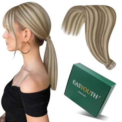 Image of Easyouth Ponytail Extensions Human Hair, Light Brown Mix Blonde Highlights, 20 Inch 80G, Wrap around Ponytail, Long Straight Style, Real Hair Ponytail Extension for Wedding