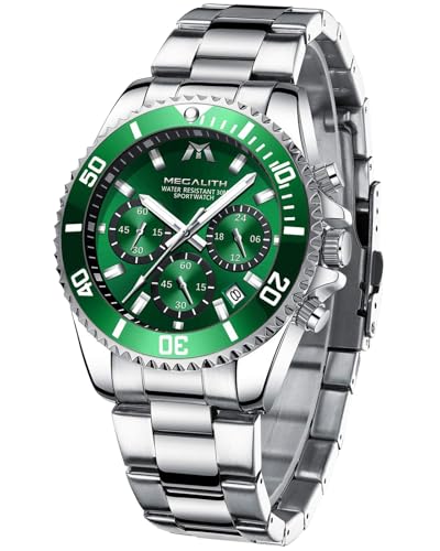 MEGALITH Reloj Hombre Acero Inoxidable Plata Relojes de Pulsera Esfera Cronógrafo Impermeable Diseñador Reloj Analógico Hombre Grande Verde Luminosa Fecha
